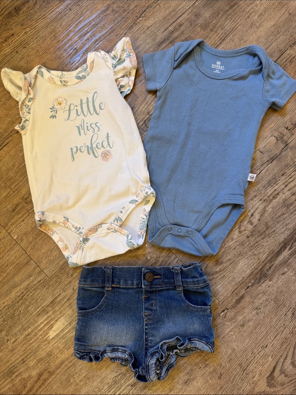 Little Miss Perfect Floral Cream Bodysuit + Blue Onesie & Denim Shorts Set